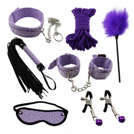 Paloqueth Sex Werkzeuge 7 Stück unter dem Bett Restraint System Slave Bondage Kit Blindfold + Handschellen + Federkitzler + Bondageseil 10M + Nipple Clamps + Feather Tick + Halsbänder (Lila) - 1